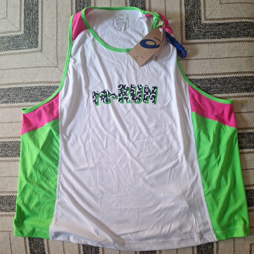 Asics Womens Plus Size WxlWhite Tank Top with Green and Pink Trim